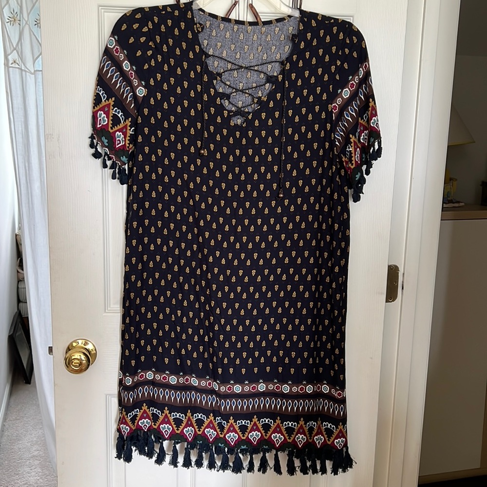 Bohemian Black Tunic Dress with Tassel Details